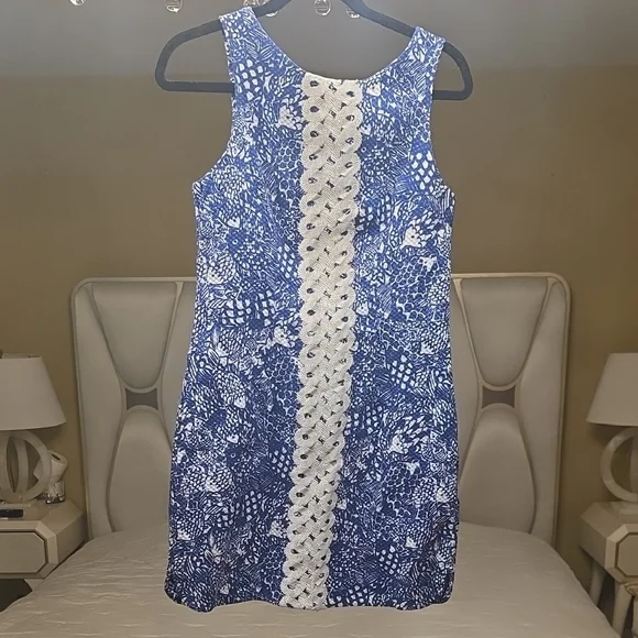 Lilly Pulitzer Blue Floral Mini Dress with White Lace Stripe - Picture 4 of 16